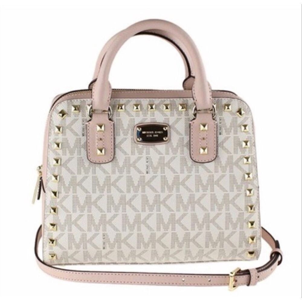 Michael Kors MK Sandrine Studded satchel purse bag pink logo gold xbody leather
